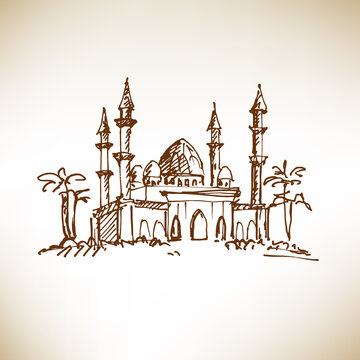 Hand drawn mosque. Sketch, vector illustration.
