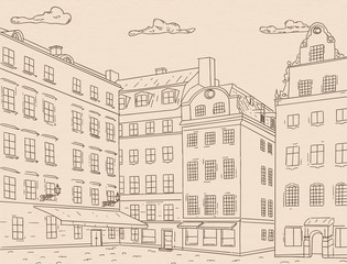 Stortorget square in old city of Stockholm. Hand drawn sketch. Outline drawing on beige background