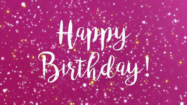 Sparkly Happy Birthday greeting card video animation with handwritten text and colorful glitter particles flickering on purple background.