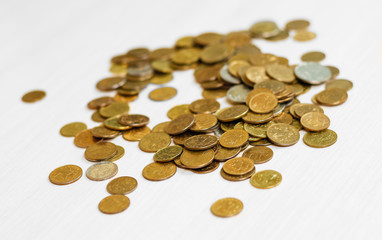 Coins scattered on the table. Coins of Russia. Closeup