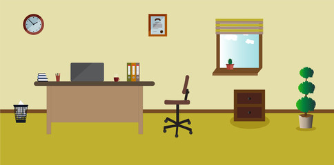 Working place in the office on the light green background. Vector illustration. Table, clock, shoes, chair, plant, cactus. Perfect for advertising, brand sites and magazines