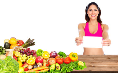 Happy healthy woman holding empty card