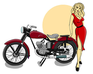 Fototapeta na wymiar A blonde girl dressed in a red dress stands next to a red motorcycle eps 10 illustration