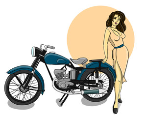 Fototapeta na wymiar Girl with long brown hair dressed in a pink dress stands next to a blue motorcycle eps 10 illustration