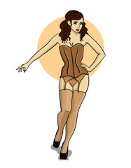 A girl with brown long curly hair dressed in a champagne corset, beige lingerie and stockings stands on a white background eps 10 illustration