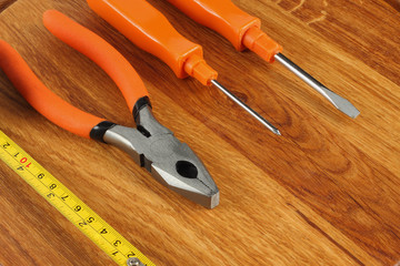 industrial tools on wooden background / tools texture / tools background