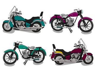 A set of motorcycles. Four different motorcycles of blue and purple shades are standing on a white background eps 10 illustration
