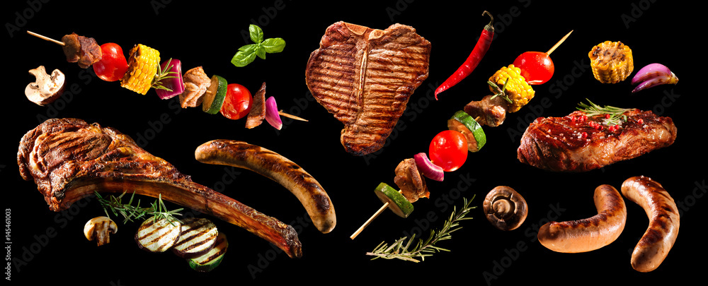 Wall mural collage of various grilled meat and vegetables