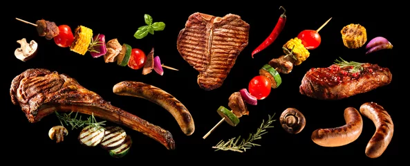 Foto auf Acrylglas Collage aus verschiedenen gegrilltem Fleisch und Gemüse © Alexander Raths