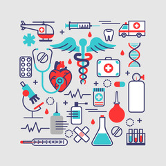 Medical, health care concept in modern flat line design. Vector illustration with a lot of medicine objects. Can used for web banners and info graphics