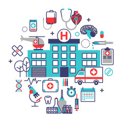 Health care concept in flat line design. Vector illustration with a lot of medical icons. Composition for web banners and info graphic