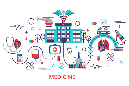 Health care concept in modern flat line style. Horizontal banner with hospital, ambulance and a lot of medicine icons.