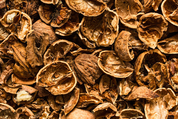 Dry walnut shells in close up. Textured background of drought walnut shells in close up.
