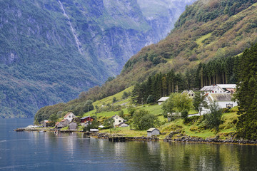 Bakka village in Naeroyfjord in Norway. Bakka is a tiny village located on the western shore of the Naeroyfjord, one of the major tourist attractions in the country