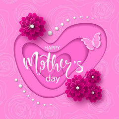 Happy mothers day banner with cut paper butterfly and flowers. Vector illustration eps 10 format.