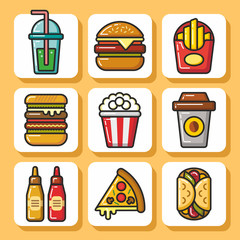 Fast food icons and beverages menu set. Vector Isolated flat colorfull illustration.