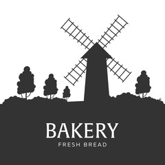 Fototapeta na wymiar Poster Rural landscape with windmill. Bakery. Fresh bread. Vector illustration.