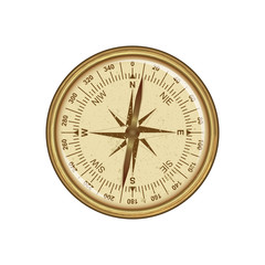 Vector antique retro style golden compass with wind rose. Isolated on white background.
