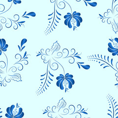 Fototapeta na wymiar Blue floral textile vector seamless pattern in Russian gzhel style