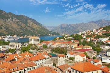 Naklejka na ściany i meble View of Kotor town and Boka Kotorska Bay on a sunny autumn day. Montenegro