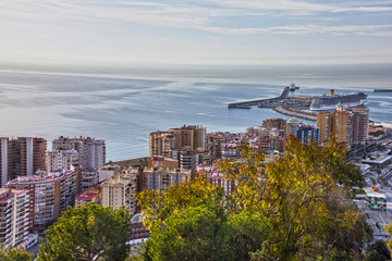 Malaga city port harbour panorama, Spain.