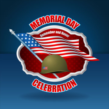 Holiday design, background with texts, military helmet and American flag, for Memorial day event, celebration; Vector celebration