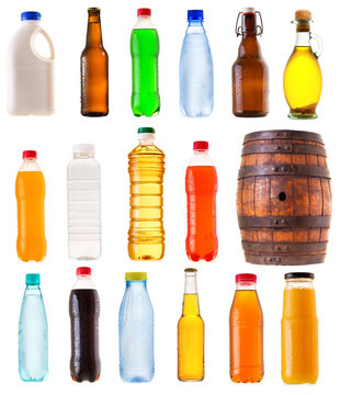 set of various bottles on white background