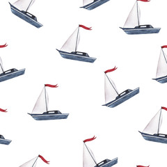 Seamless pattern with small boat on white background. Hand drawn watercolor illustration.