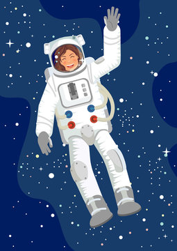 woman astronaut with raised hand in the Space, vector