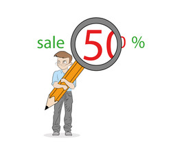 The little man is holding a magnifying glass. Increases the discount. vector illustration.