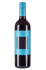 Red wine bottle with blue label sticker isolated on white background