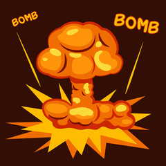 Nuclear blast bomb in mushroom shape, cartoon style vector illustration. orange color.