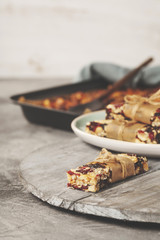 Granola bar on a grey rustic table