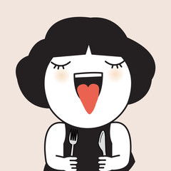 Girl With Heart Shaped Tongue Waiting An Order Of Her Favourite Food In A Restaurant Concept Card Character