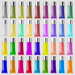 Illustration set of plastic tubes of different colors for cosmetic cream