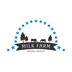 Milk emblem, labels, logo and design elements. Fresh and natural milk. Milk farm. Cow milk. Vector logotype design.