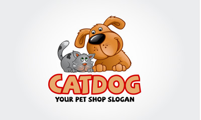 Cat Dog Logo Cartoon Character. Vector logo design template for pet shops, veterinary clinics and animal shelters. Vector logo template with cat and dog. Cartoon logo illustration.