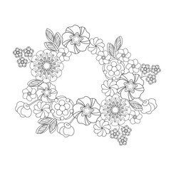 Coloring page with decorative floral frame and space for text. Outline hand drawn coloring book for adult and older children. Vector illustration.