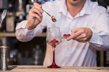 Bartender making a cocktail on bar with fresh fruit