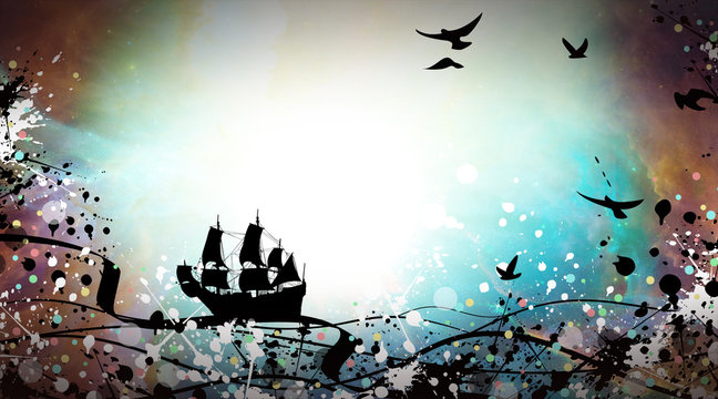 Galleon Ship sailing through the Galaxies cartoon character in the real world silhouette art photo manipulation