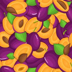 Ripe juicy plum seamless background. Vector card illustration.