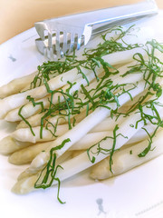Plate with white  asparagus
