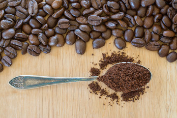 Ground coffe in vintage spoon and cofee beans.