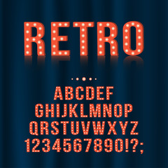 Retro, vintage light bulb alphabet letters and numbers for signboards, movie, theatre, casino. Vector english alphabet