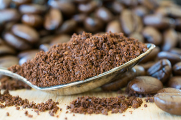 Ground coffe in a spoon and cofee beans.