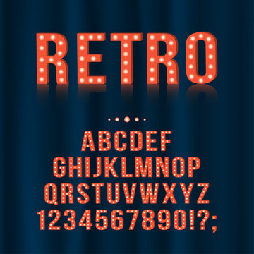 Retro, vintage light bulb alphabet letters and numbers for signboards, movie, theatre, casino. Vector english alphabet