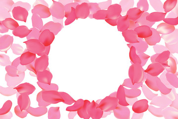 Bright pink rose petal frame round circle. Background flower template vector illustration. Realistic 3d detailed blossom