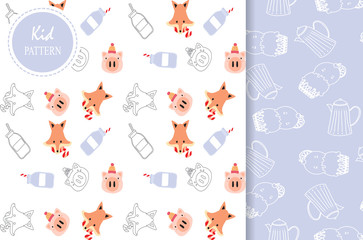 Light blue,white seamless pattern with fox,pig and ice cream