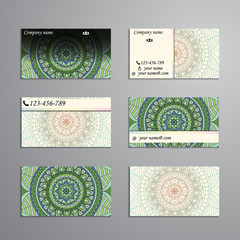 visiting card and business card big set. Floral mandala pattern and ornaments. Oriental design Layout, ottoman motifs. Front page and back page.