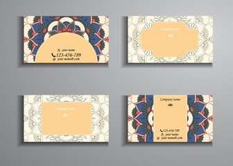 visiting card and business card big set. Floral mandala pattern and ornaments. Oriental design Layout, ottoman motifs. Front page and back page.